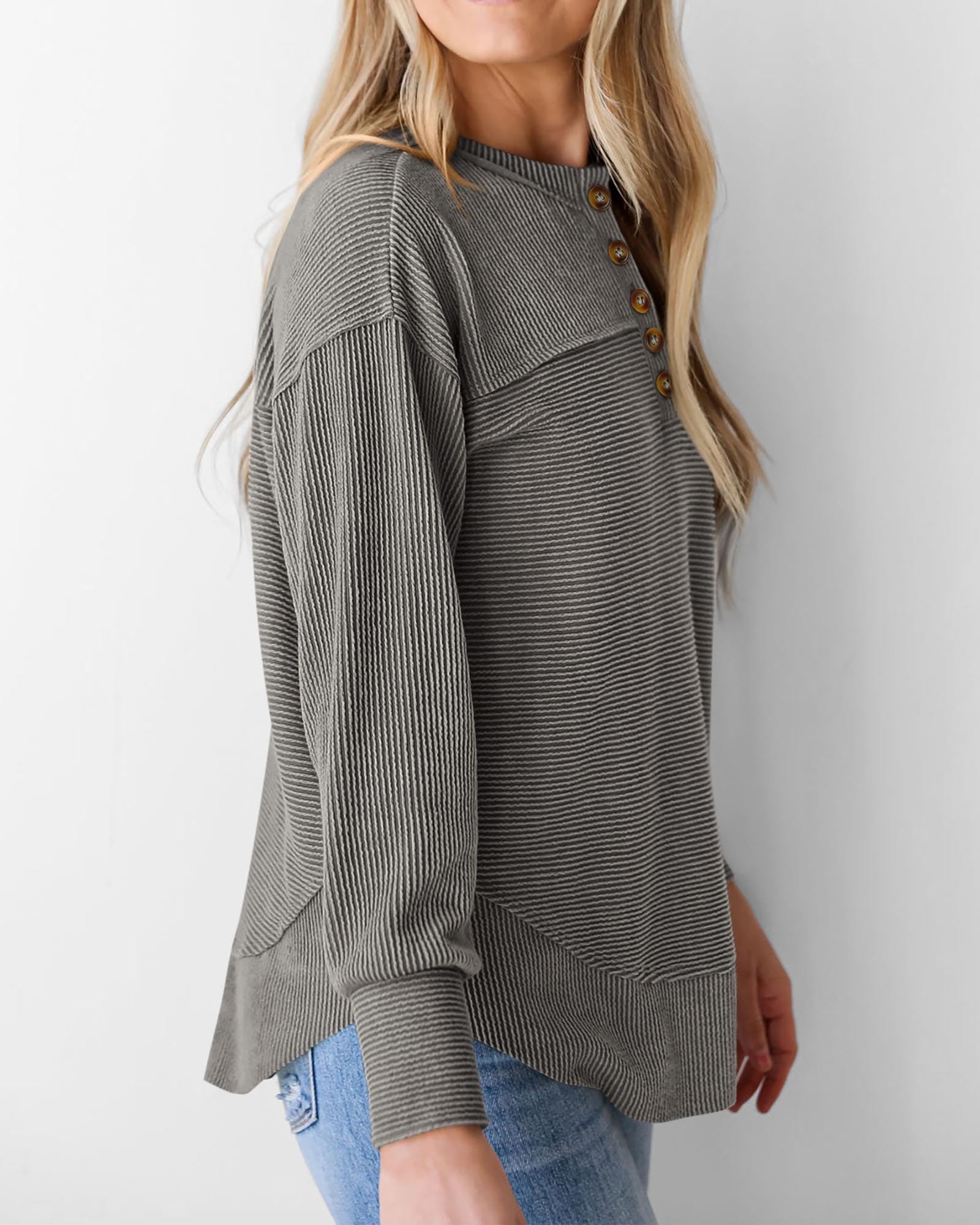 KIRUNDO Going Out Tops for Women Henley Shirts 2025 Casual Ribbed Knit Long Sleeve Tunic Summer Fall Button V Neck Blouse