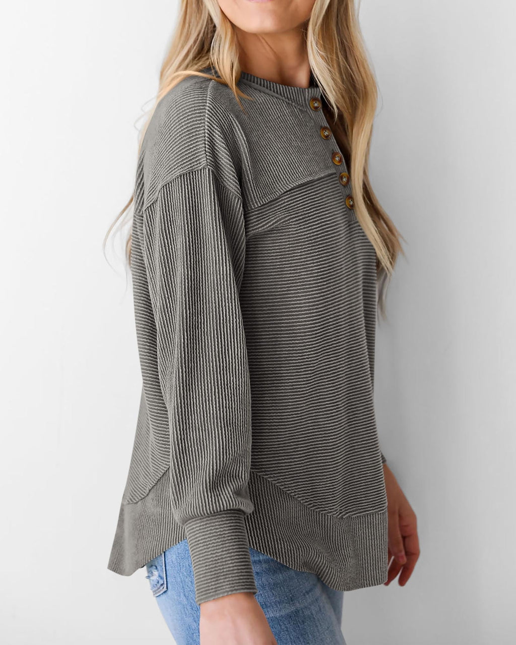 KIRUNDO Going Out Tops for Women Henley Shirts 2025 Casual Ribbed Knit Long Sleeve Tunic Summer Fall Button V Neck Blouse