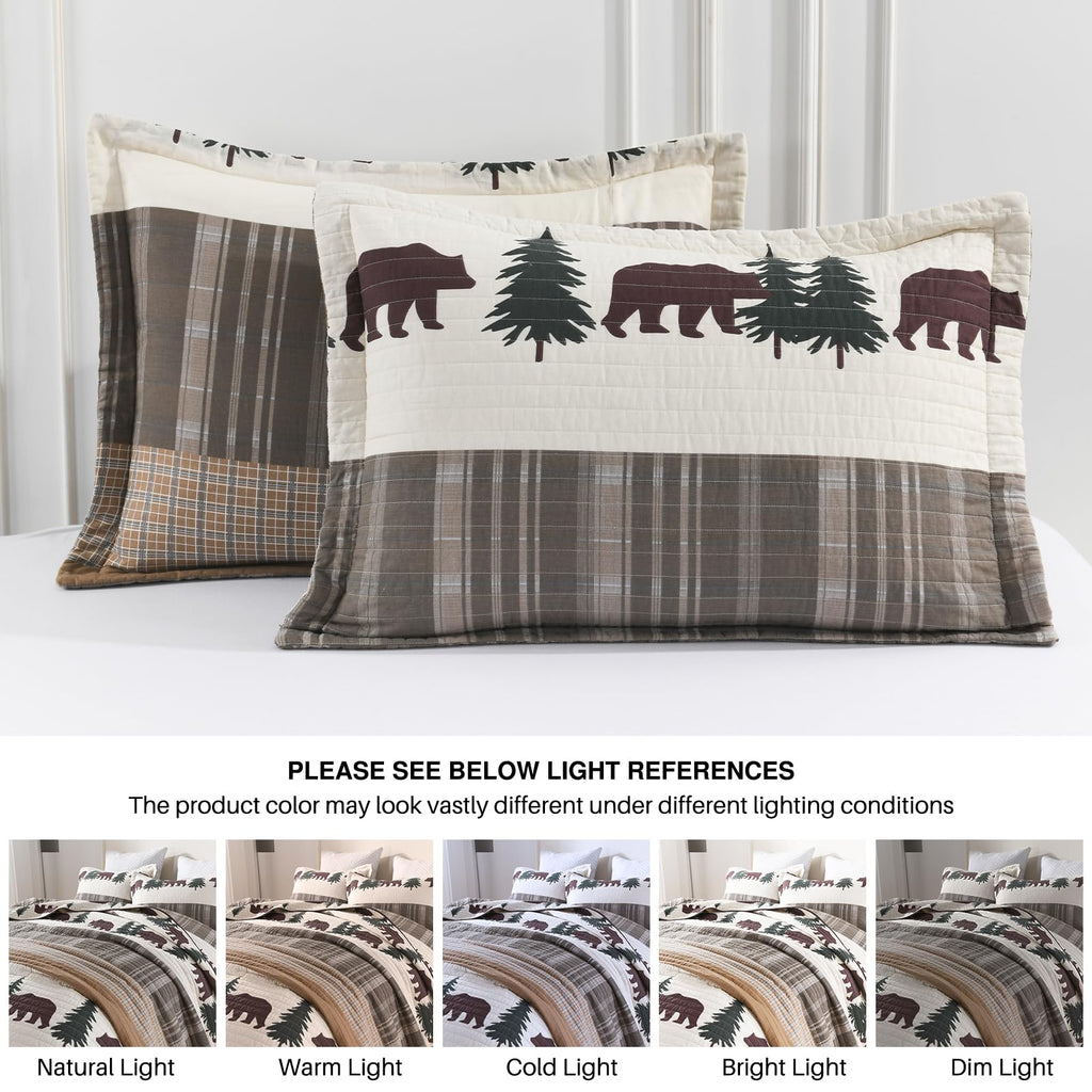 Y-PLWOMEN 100% Cotton Farmhouse Plaid Lightweight 3-Pieces Quilt Set (Blue Brown, Queen90 * 98 Inch)