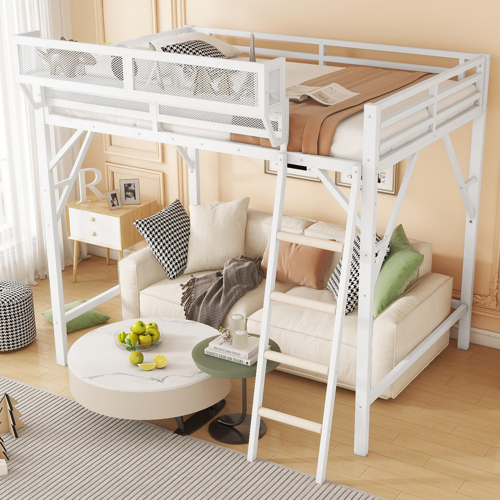 Mirightone Full Size Loft Bed with Stairs, Metal Loft Beds, High Loft Bed Frame with Storage Shelves, Lofted Full Bed with Wardrobe for Kids and Teens, No Box Spring Needed (Black)