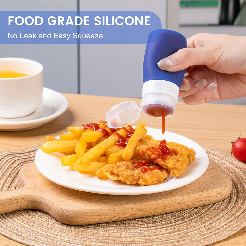 MICEBAY Condiment Squeeze Bottles for Sauces, 1-oz Mini Silicone Salad Dressing Container to Go with Snack Storage Bag, Leakproof Sauce Bottles for Lunch Box, 4 Pack, Blue