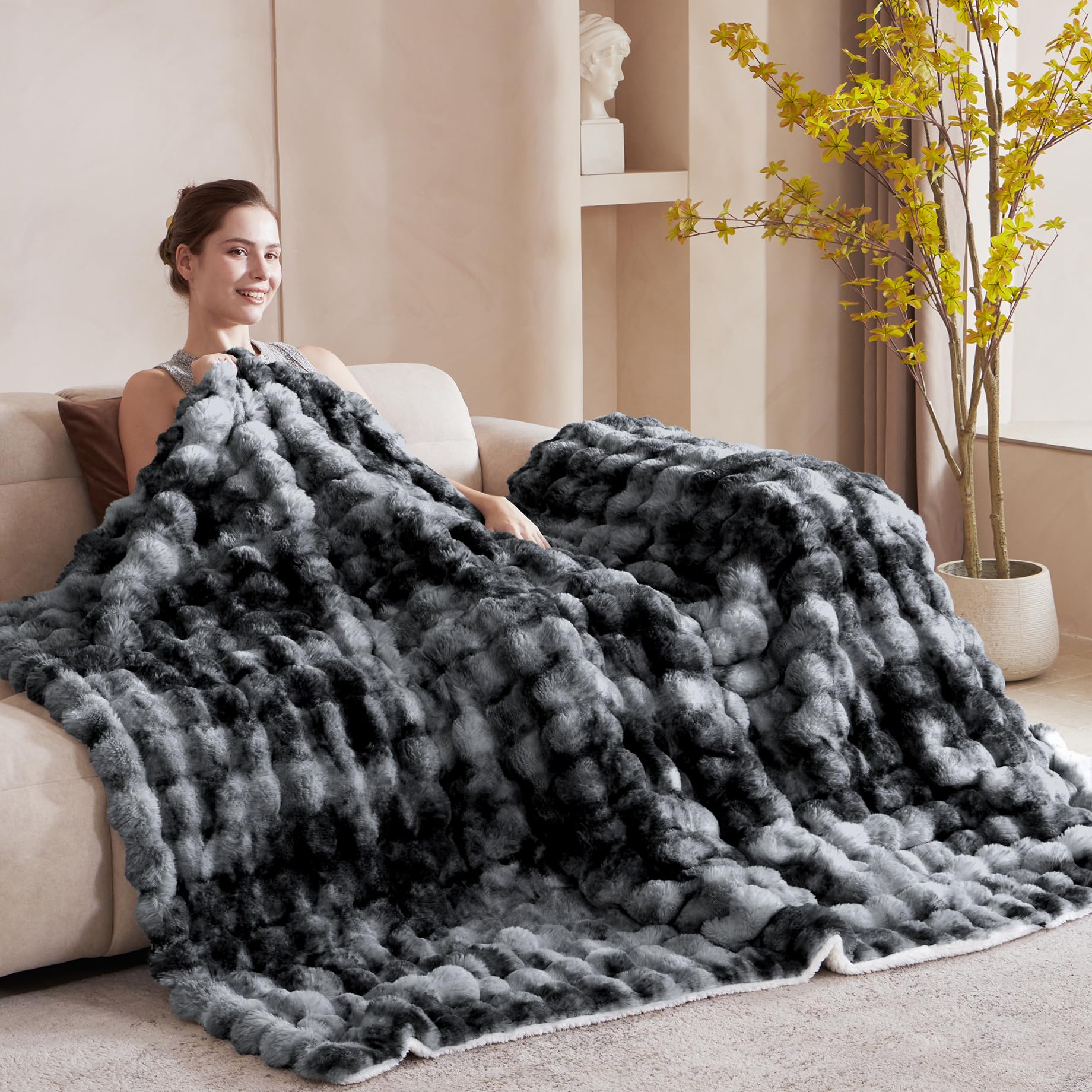 50x60 Inches Ultra-Soft Fuzzy Faux Fur Plush Throw Blanket - Thick, Warm Sherpa for Couch, Sofa, Bedroom, Camping - Decorative Blanket for Cozy Warmth, Bubble Grey