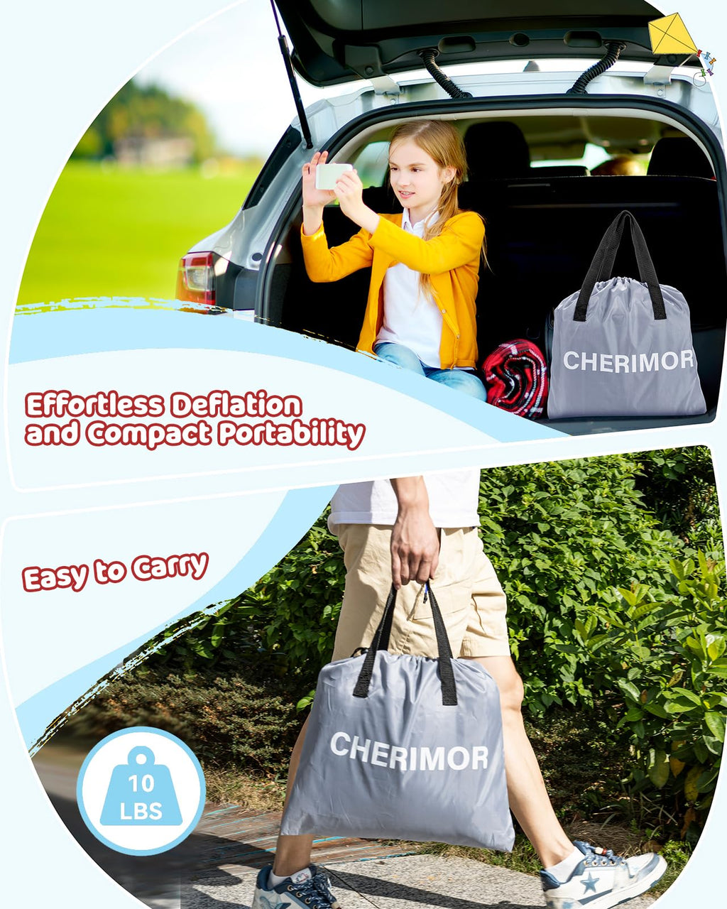 CHERIMOR Inflatable Toddler Travel Bed with Safety Bumpers & 2 Mins Auto Inflation Pump, Portable Toddler Kids Air Mattress with Carry Bag for Home Grandma's Sleepovers Travel Camping, 330lbs Support