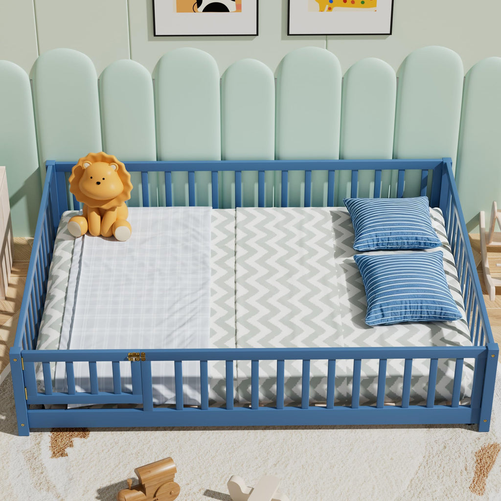 i-POOK Queen Floor Bed for Children, Sturdy Wood Montessori Bed Frame with Wood Slats, High Fence & Small Door for Girls and Boys, Espresso (with Bed Slats)