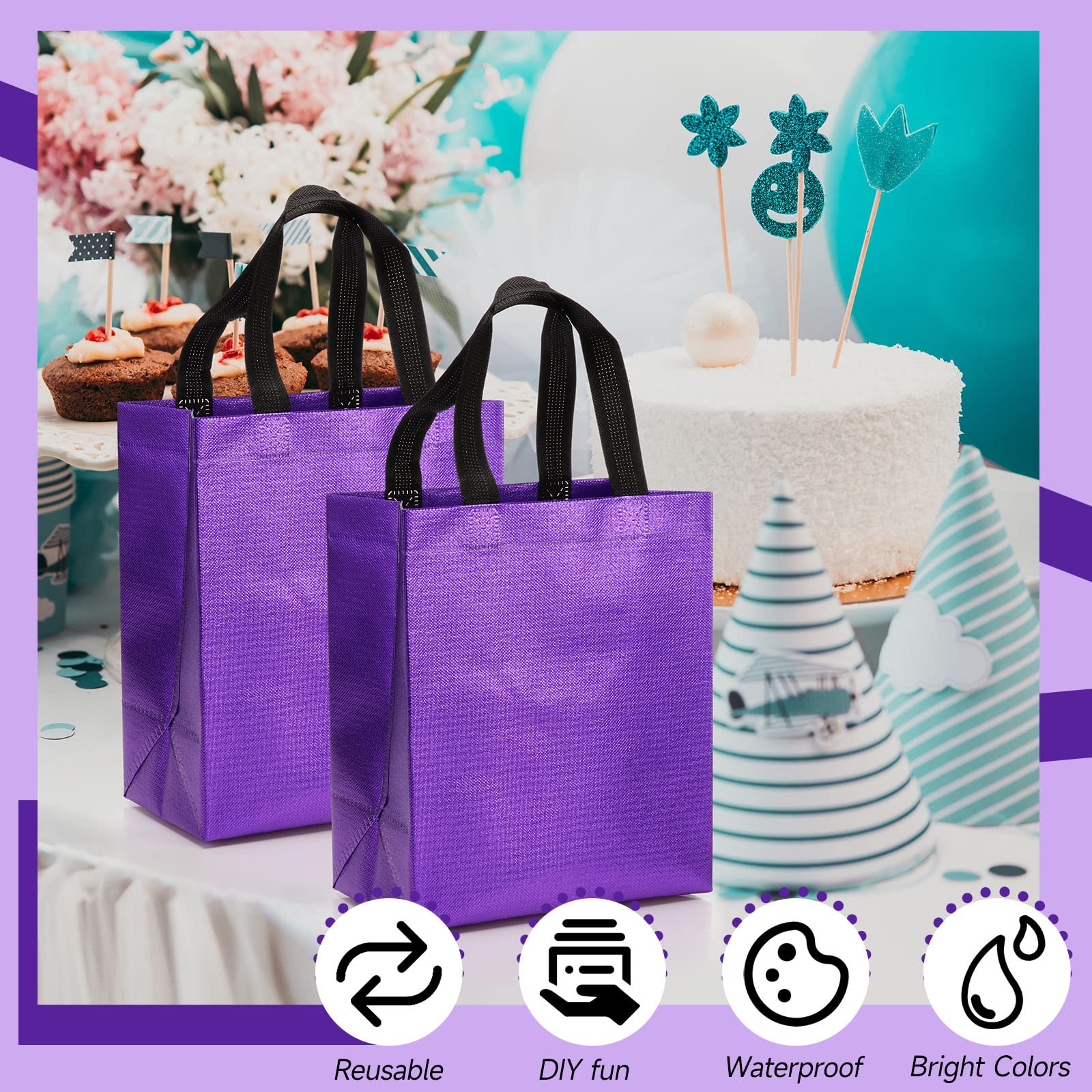 Eccliy 80 Pcs Reusable Gift Bags Set Glossy Grocery Gift Tote Bag with Hadnle for Wedding, Father's Day, Graduation, Summer Event (10 x 8 x 4.7 Inch,Black)