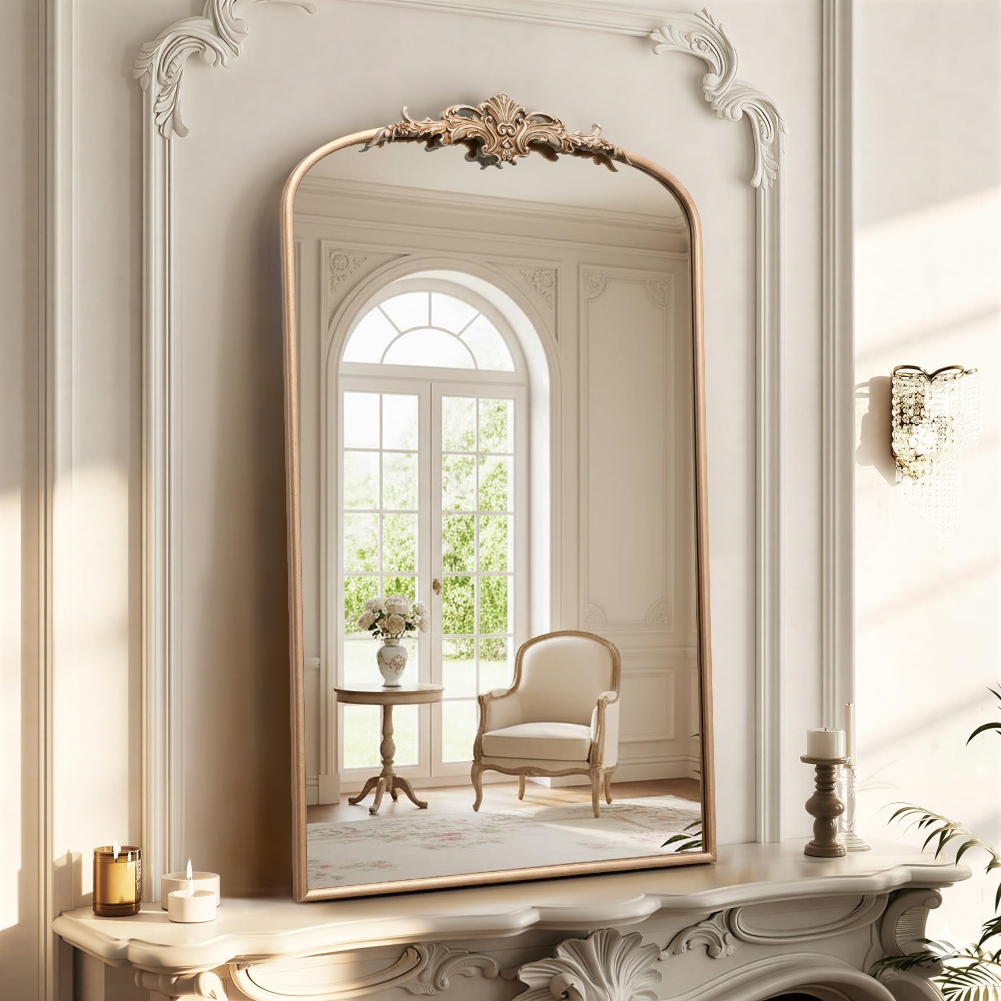 Besdomus Vintage Arched Black Mirror: 32"x24" French Large Black Vintage Wall Mirror - Baroque Traditional Ornate for Living Room/Fireplace/Bathroom- Ideal Gifts for Housewarming/Birthday