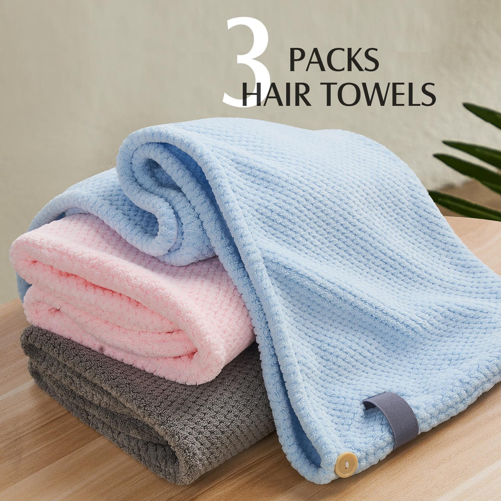 YFONG 3 Pack Large Microfiber Hair Towel Wrap, 30" x 10" Thicker Anti Frizz Quick Dry Hair Towels for Women Long, Curly, Thick Hair, Super Absorbent Hair Turban for Wet Hair (Grey, Pink, Blue)