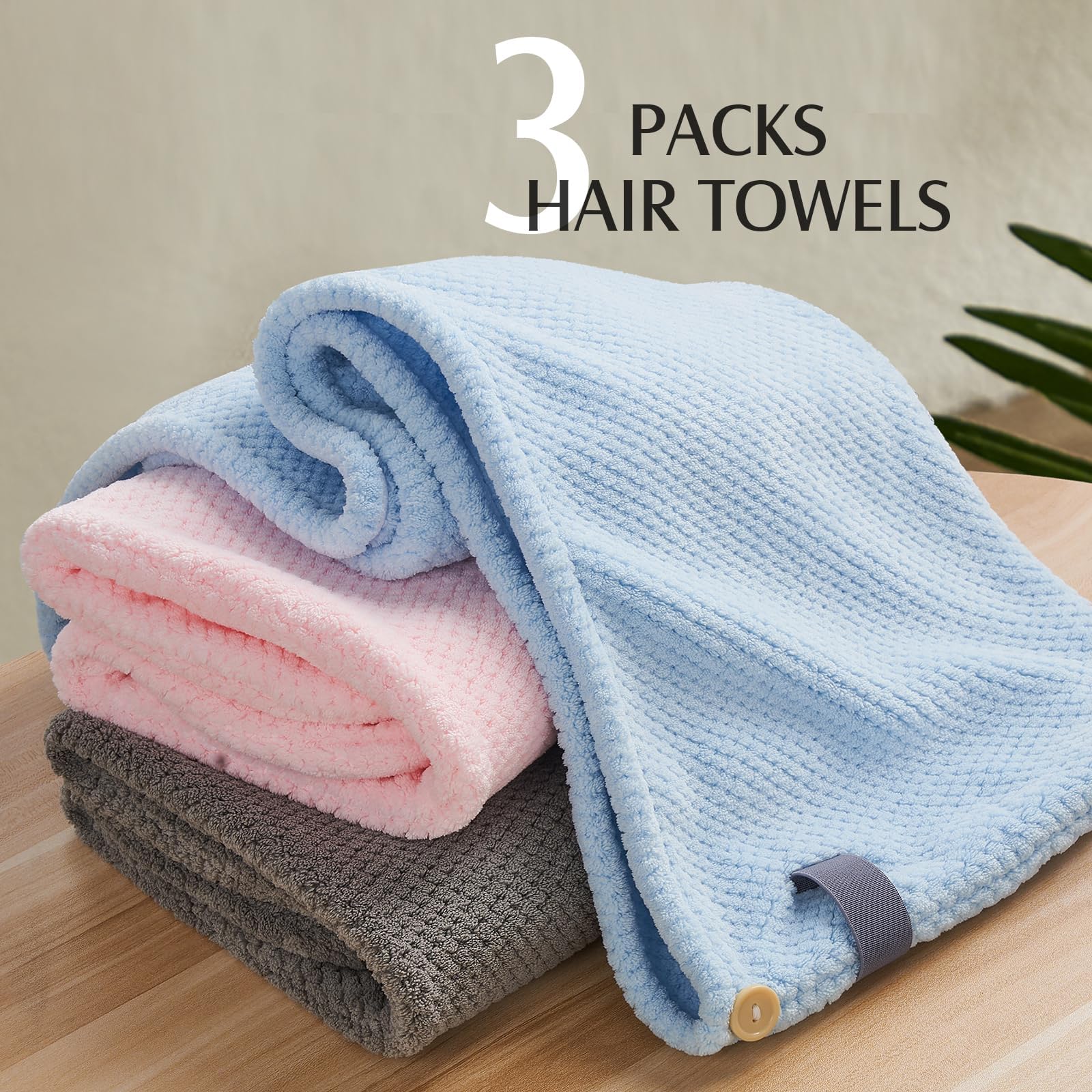 YFONG 3 Pack Large Microfiber Hair Towel Wrap, 30" x 10" Thicker Anti Frizz Quick Dry Hair Towels for Women Long, Curly, Thick Hair, Super Absorbent Hair Turban for Wet Hair (Grey, Pink, Blue)