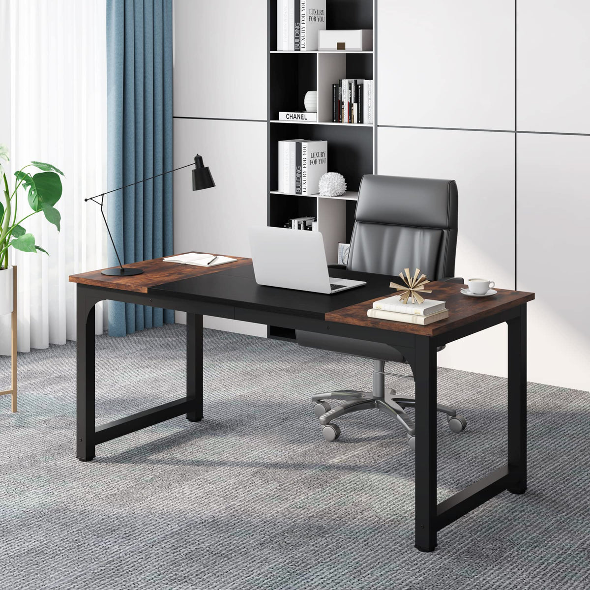 Tribesigns 63” Executive Desk, Large Office Computer Desk with Thicken Frame, Modern Simple Workstation Business Furniture for Home Office, Rustic Brown/Black