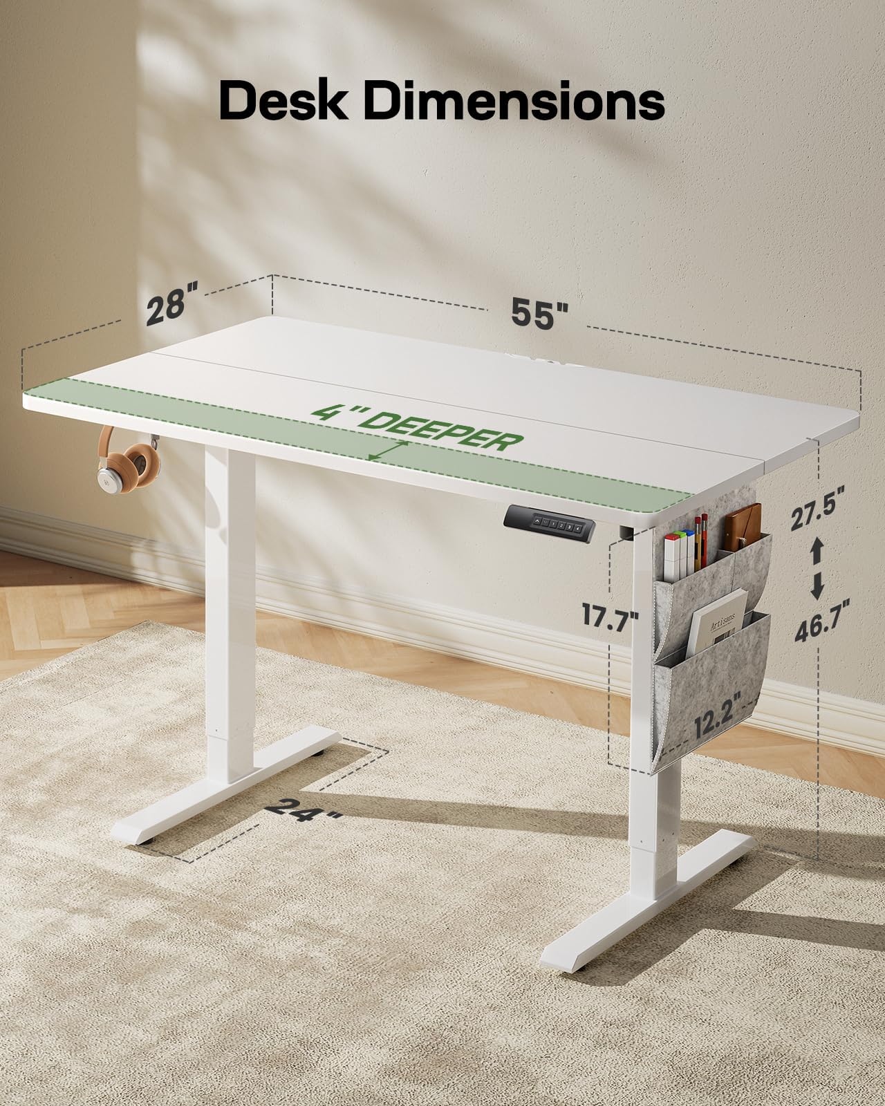 Marsail Standing Desk,Home Office Adjustable Heights Desk,Stand Up Desk,63x24 Inches Desktop Sit Stand Gaming Computer Desk for Study,Writing with 4 Memory Presets,Headphone Hook,Cable Organizer