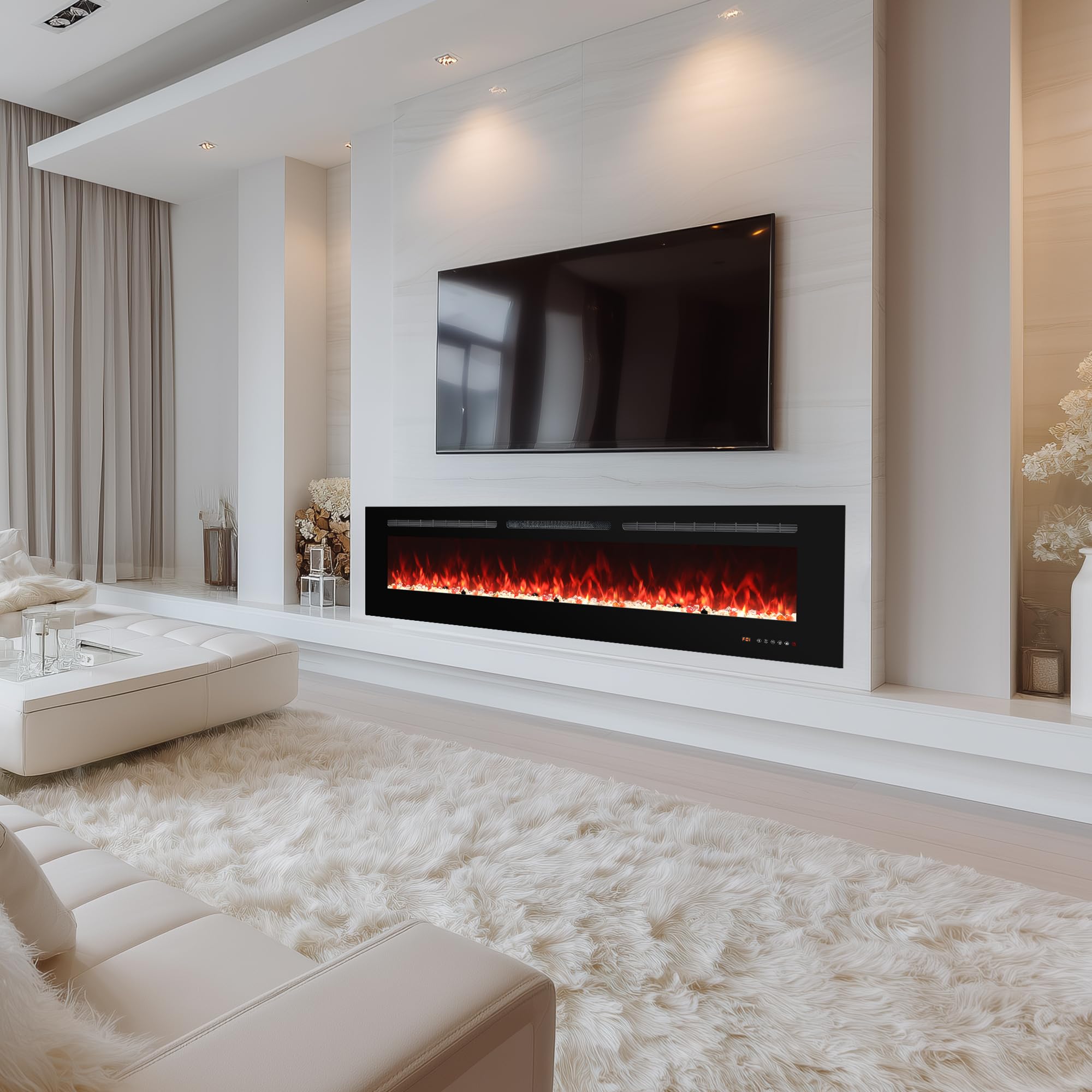 Electric Fireplace 30 inch Wide, Wall Mounted Fireplace Inserts Electric Heater, 13 * 13 Flame Effects Like Real Flame, Low Noise, Timer & Thermostat Setting, 750W/1500W, Black