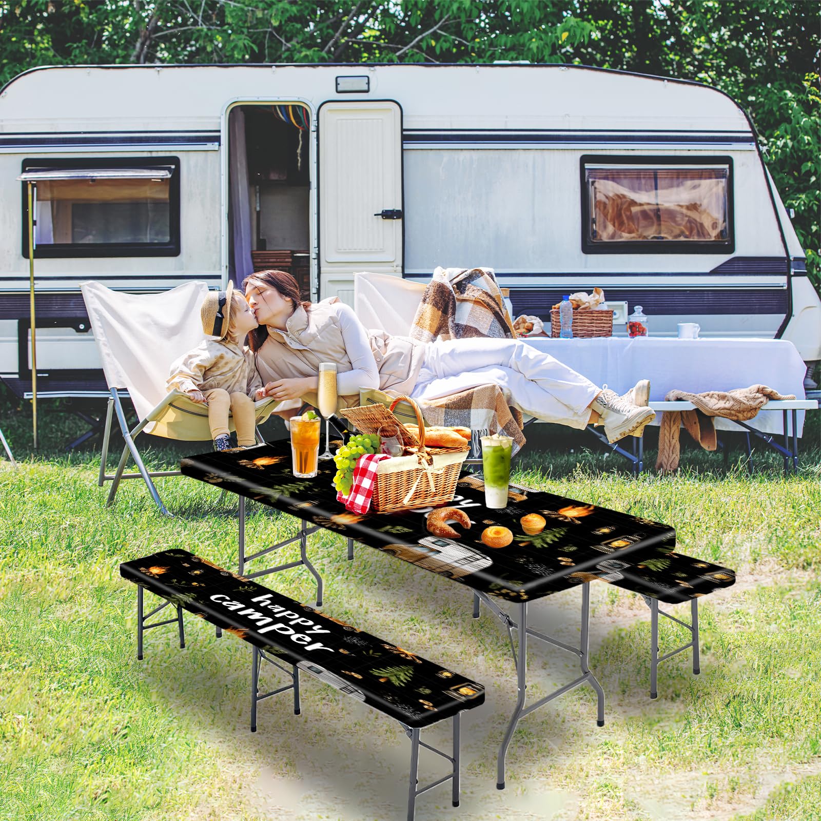 Park Picnic Table Cover with Bench Covers Lightweight Camping Essentials, Oil-Proof Waterproof 3PCS Tablecloth with Elastic, Fitted for Table 6FT Rectangle and Seats, American Flag Eagle (72x30in)