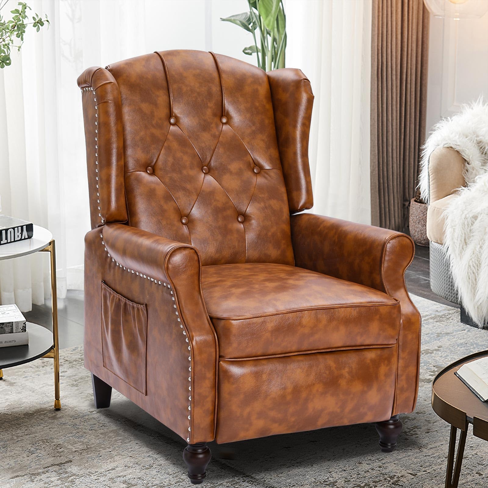 Wingback Chair with Massage and Heat, Tufted Fabric Pushback Recliner Chair, Wingback Recliner Chair with Remote Control, Padded Cushion, Wooden Legs, Small Recliners for Small Spaces