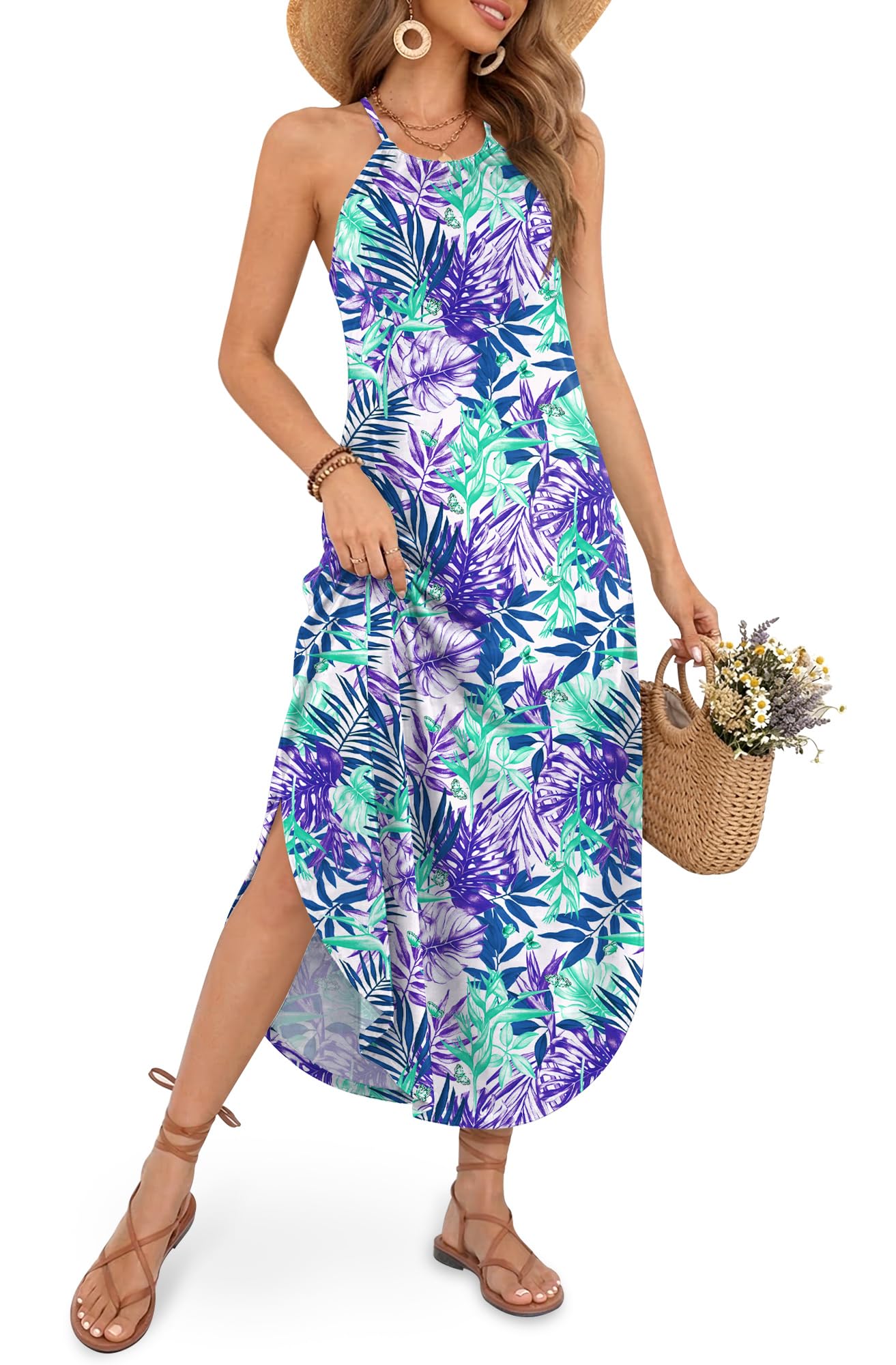 For G and PL Women's Summer Casual Halter Side Slit Maxi Beach Dress Resort Vacation Cruise Wear Sundress