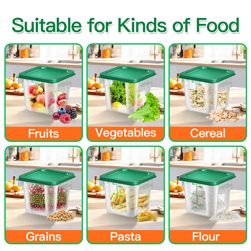 6 pcs 2qt Food Storage Containers with Lid, Square Clear Commercial Storage Containers with Handle and Scale for Food Storage in Home Kitchen & Dining (Green)