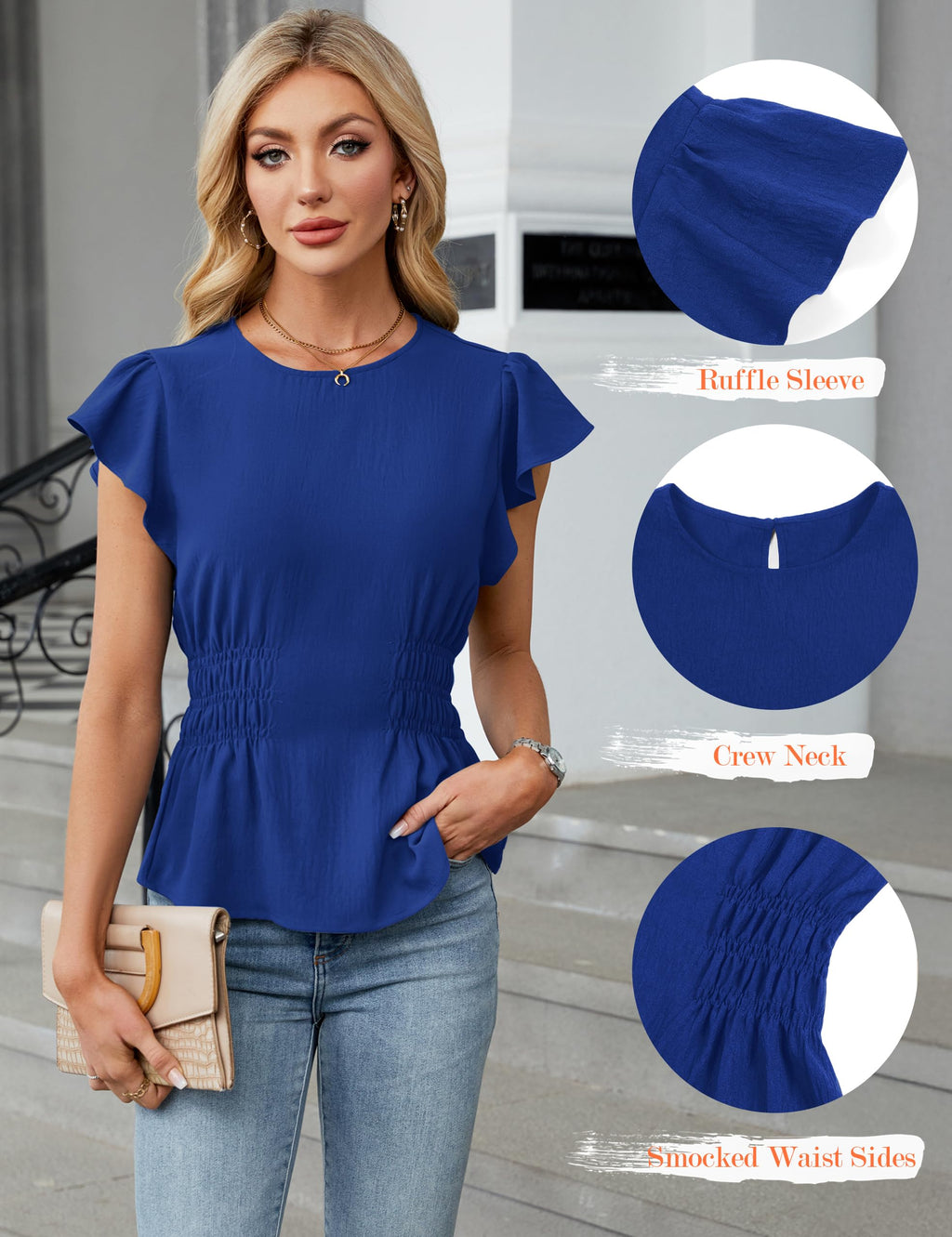 Blooming Jelly Women's Dressy Casual Blouses Business Ruffle Short Sleeve Tops Summer Crew Neck Smocked Shirts