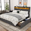 Queen Bed Frame 1500LBS Heavy Duty, 2-Tier Storage Headboard & 4 Drawers, Upholstered Metal Platform with Thicker Wooden Slats, Charging Station & LED Lights, No Box Spring Needed, Easy Assembly, Grey