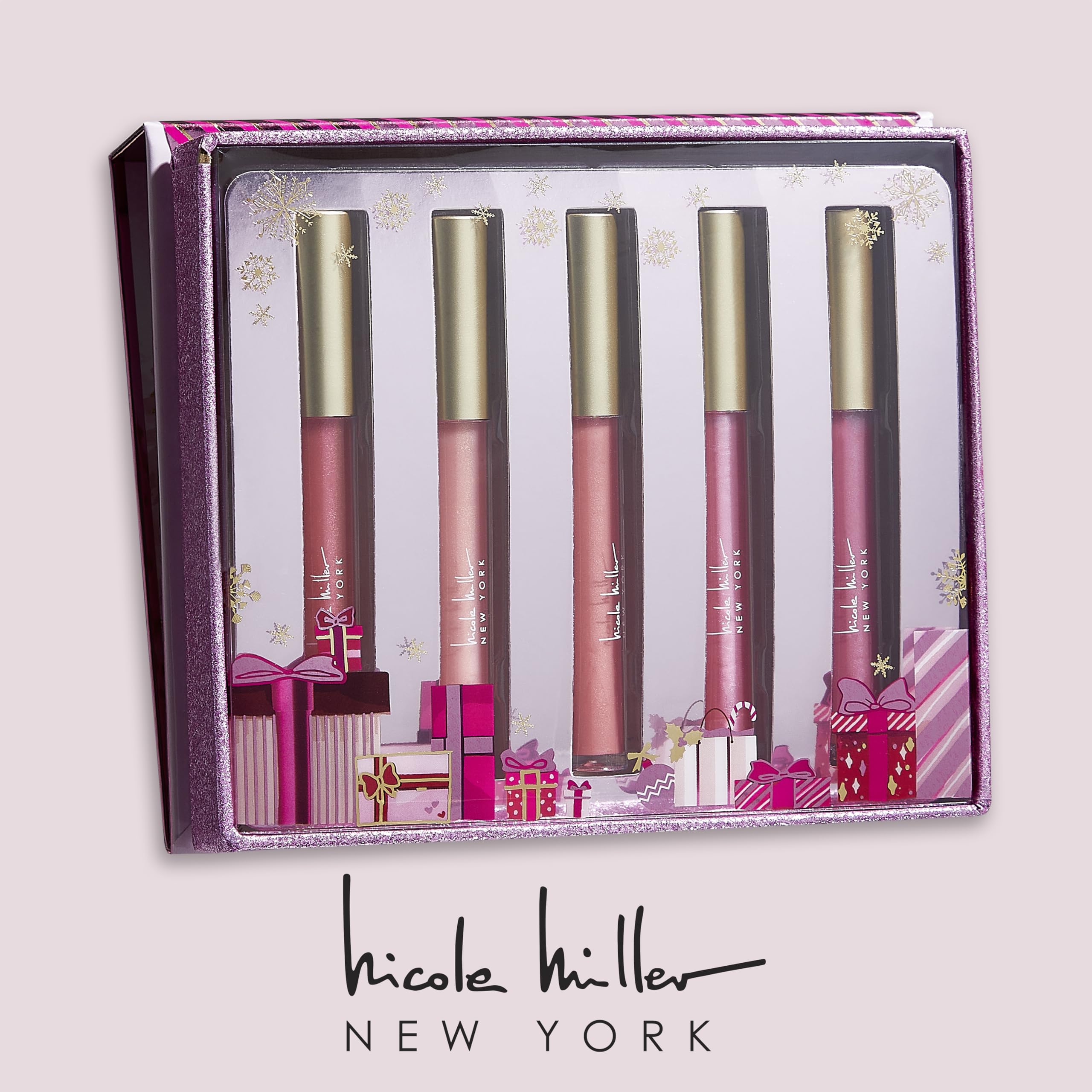 Nicole Miller Lip Gloss Collection Shimmery Glosses for Women and Girls Long Lasting Color Set with Rich Varied Colors, Flowery Pink, 10 Count (Pack of 1)