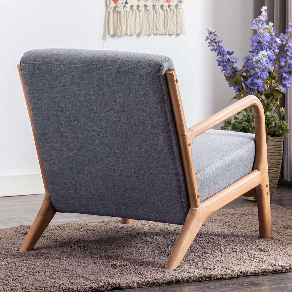 ANJ Mid Century Modern Accent Chair, Comfy Fabric Living Room Chairs with Solid Wood Frame, Lounge Reading Armchair, Easy Assembly, Beige