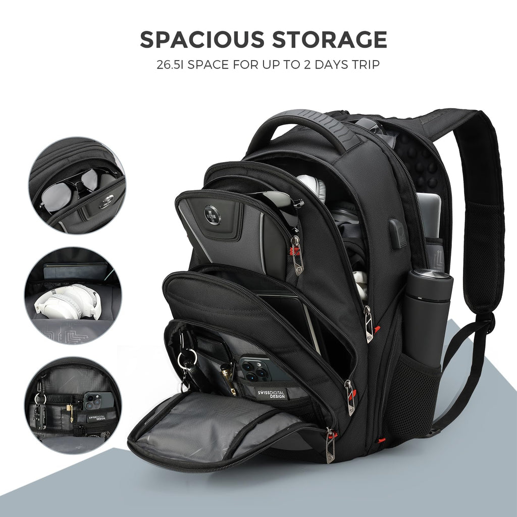 Swissdigital Design Travel Backpack for Women or Men, TSA Friendly USB Charging RFID Protection Business Carry on Bag Fits 15.6" Laptop Backpack Black | J14-BR