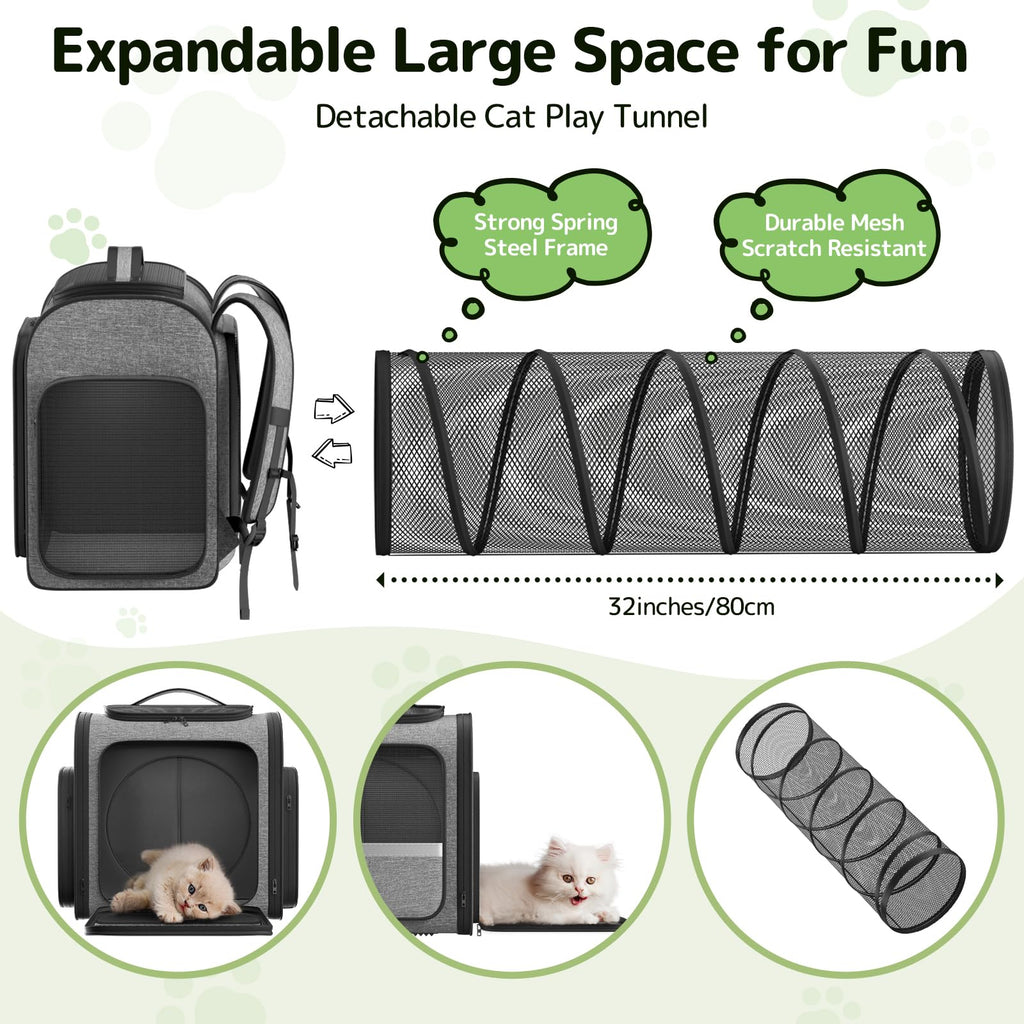 Cat Carrier Backpack with Detachable Play Tunnel, 2 in 1 Cat Tunnel Backpack Suitable for Carrying & Playing, Expandable Pet Carrier for Small Medium Kitten Puppy, Suitable for Travel Hiking Camping