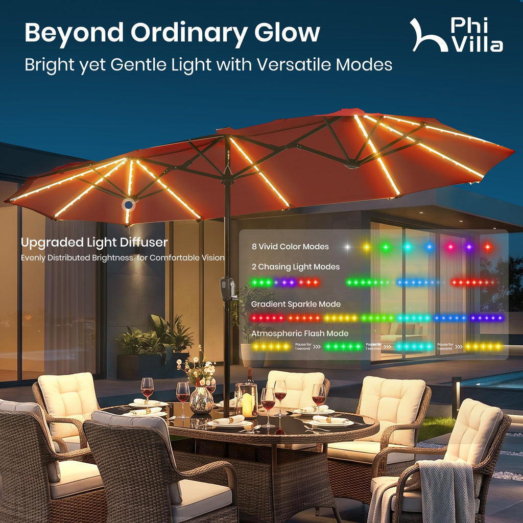 PHI VILLA 13ft Patio Umbrella with Solar-Powered 120 PCS LED Color-Changing Lights, Triple-Head Large Rectangle Umbrella Outdoor Patio for Table with Crank Lift,Beige(No Base)