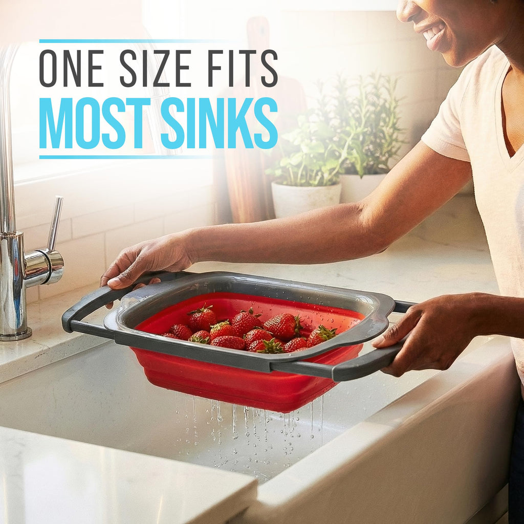 Comfify Over-the-Sink Colander with Handles – Sleek Plastic Black Kitchen Strainer for Pasta, Vegetables & Fruits – Space-Saving Design – 17.1 x 10.2 x 1.75 Inches