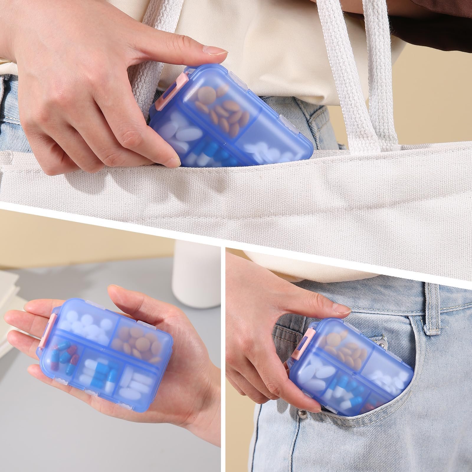1Pack Travel Pill Organizer - 10 Compartments Pill Case, Compact and Portable Pill Box, Perfect for On-The-Go Storage, Pill Holder for Purse Blue