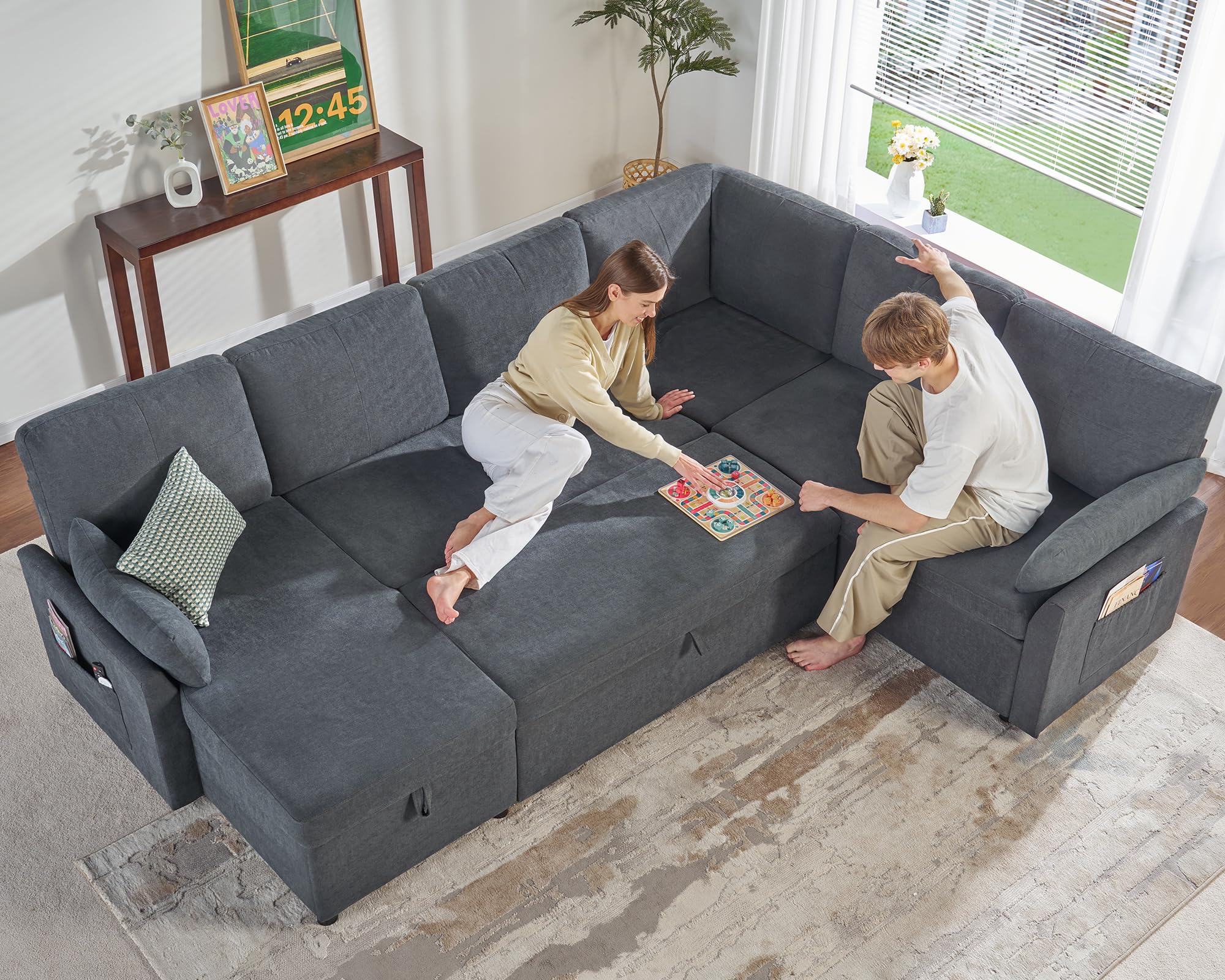 PaPaJet Sofa Bed, Sleeper Sofa with Storage Chaise, L Shaped Sofa with Pull Out Bed, Oversized Sofas for Living Room, Beige