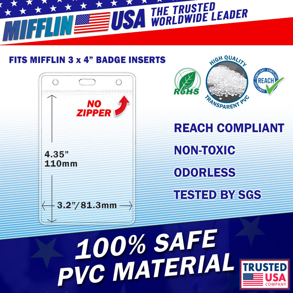 Mifflin-USA Plastic Vertical Card Holder (3x4 Inch, Clear, Bulk 100 Pack) Quick Load No Zipper Name ID Badge