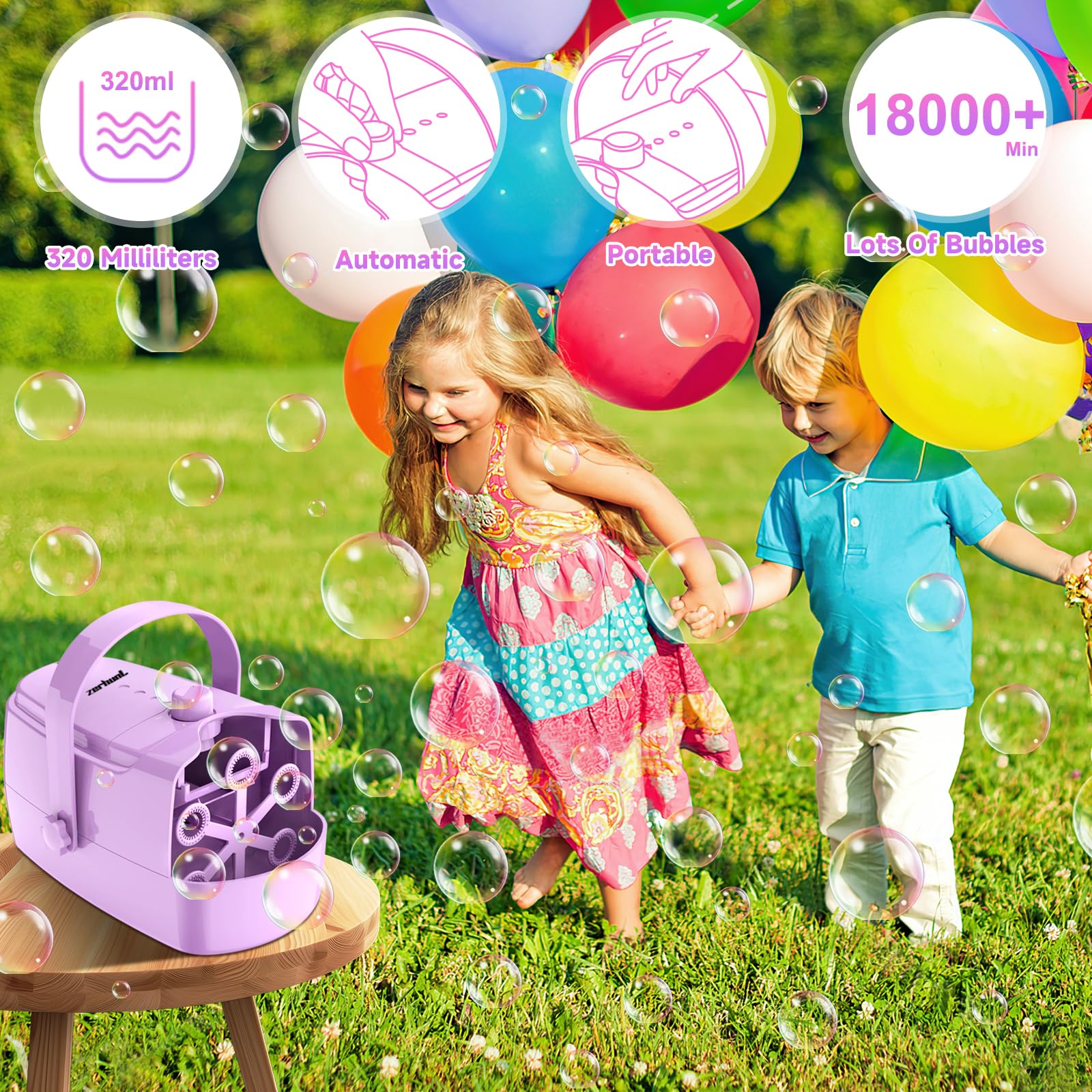 Zerhunt Durable Bubble Machine for Party: 3 Power Modes for Non-Stop Fun - 18000+ Bubbles Per Minute High Output 30 Mins Bubbles per Refill - Kids Safe Auto-Stop for Outdoor Backyard Birthday