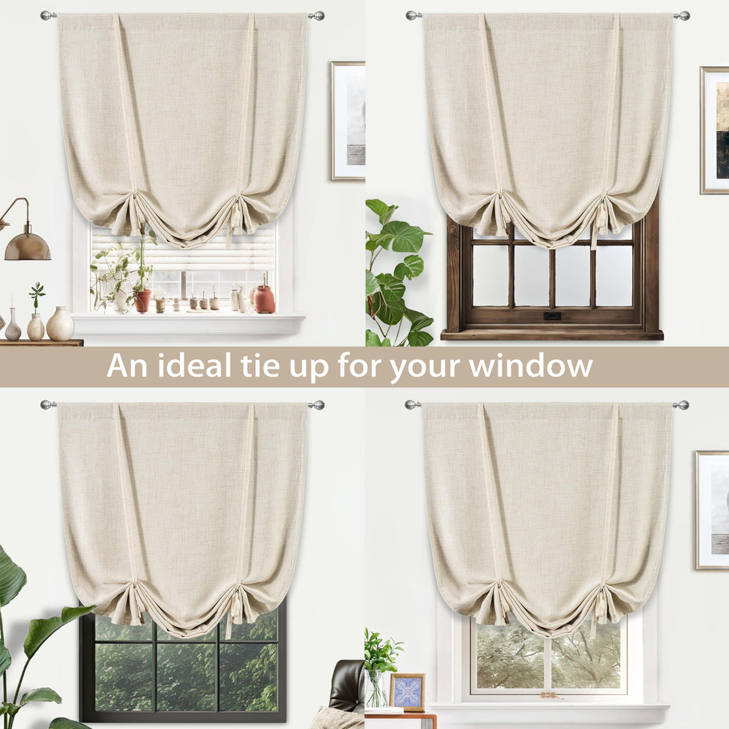 DriftAway Double Layer Linen Blackout Tie Up Curtains Thermal Insulated Fully Lined Balloon Roman Shade Bathroom Window Adjustable Rod Pocket for Small Window 25 Inch by 47 Inch Beige