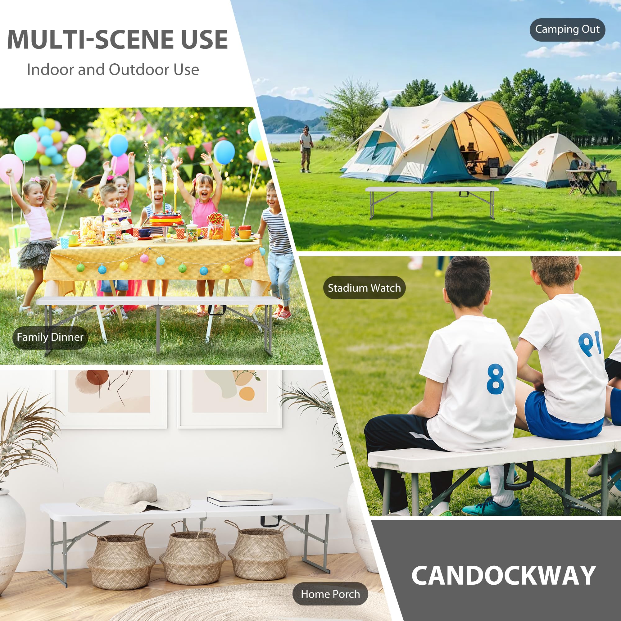 6ft Plastic Folding Bench with Carrying Handle & Lock, Portable Outdoor Bench in Garden Picnic Camping Dining Party Seat, Waterproof Bench for Soccer Activities, Firm and Durable (2Pack C)