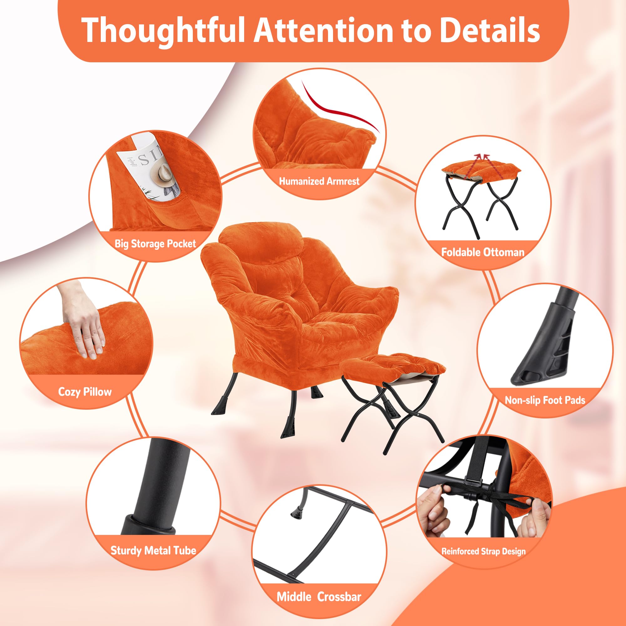 Youtanic Lazy Chair with Folding Ottoman, Accent Chair Velvet Upholstered with Metal Structure and Non-Slip Pads, Sofa Armchair with Footrest and Side Storage Bag for Dorm, Room, Office, Beige