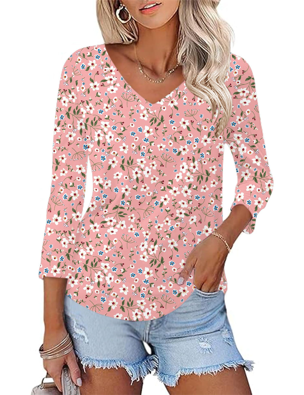 KTILG Women's V Neck T Shirts 3/4 Sleeve Blouse Summer Tops Dressy Casual Solid Basic Tees
