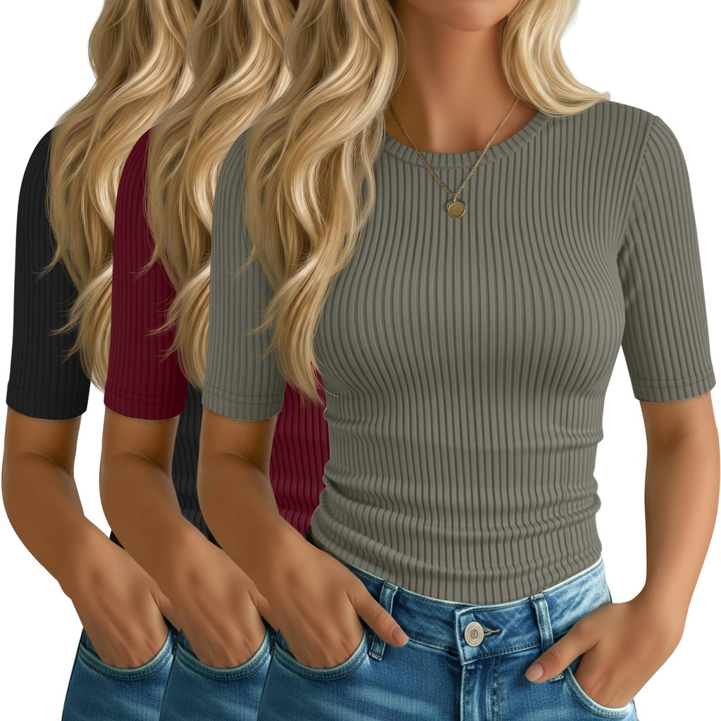 Riyiper 3 Pack Women's Elbow Length Tops, Half Sleeve Ribbed Cotton T Shirt Crew Neck Summer Tee Slim Fit Casual Blouses