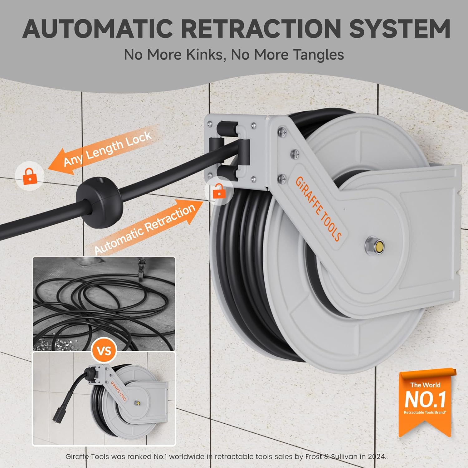 Giraffe Tools Pressure Washer Hose Reel 65ft, Power Washer Reel, Pressure Washer Retractable Hose Reel, Heavy Duty, Wall/Floor Mounted, 3200 PSI