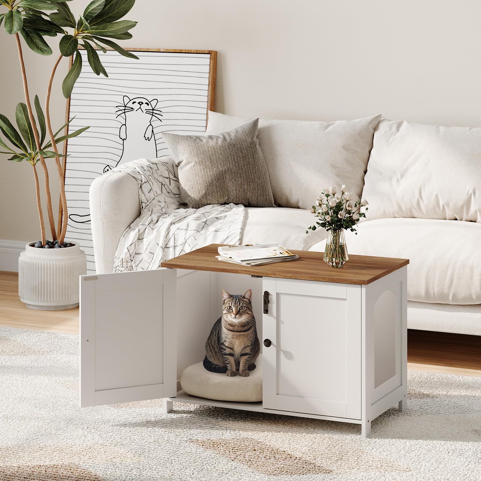 HOOBRO Litter Box Enclosure, Cat Litter Box Furniture with Removable Divider, Large Hidden Litter Box Furniture, Wooden Cat House, End Side Table, 31" L x 17.5" W x 19.7" H, Greige BG03MW01G2