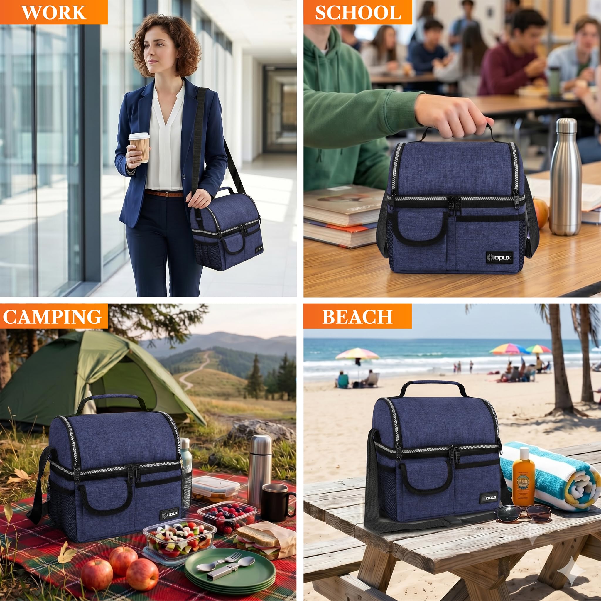 opux Insulated Lunch Bag Women Men, Dual Compartment Leakproof Lunch Box Adults Kids, Double Decker Meal Prep Bento Lunch Cooler Tote with Shoulder Strap for Work Office School Travel, Black