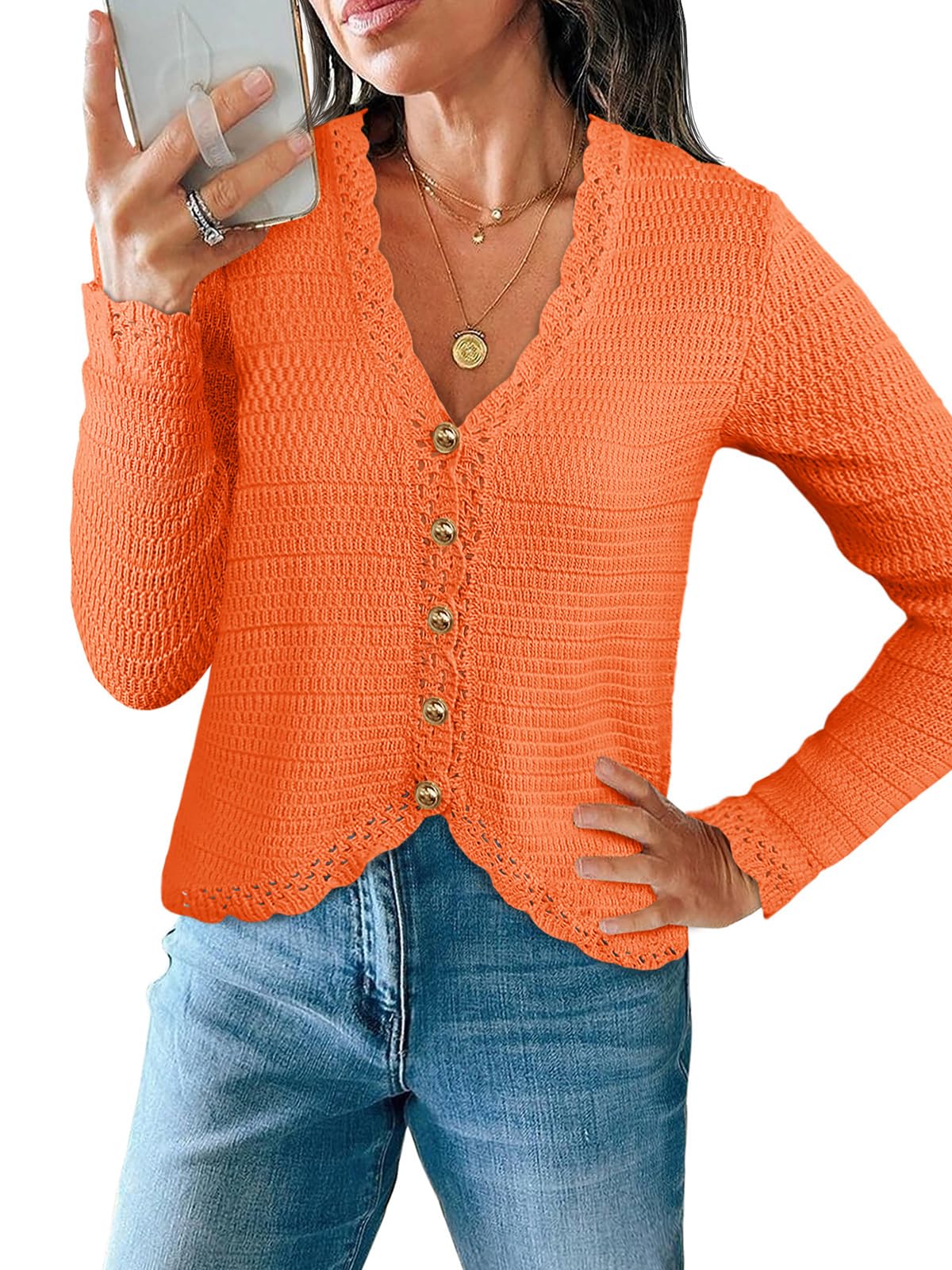 Saodimallsu Womens V Neck Cardigan Sweaters Button Up Cropped Boho Knit Long Sleeve Loose Trendy Sweater Tops