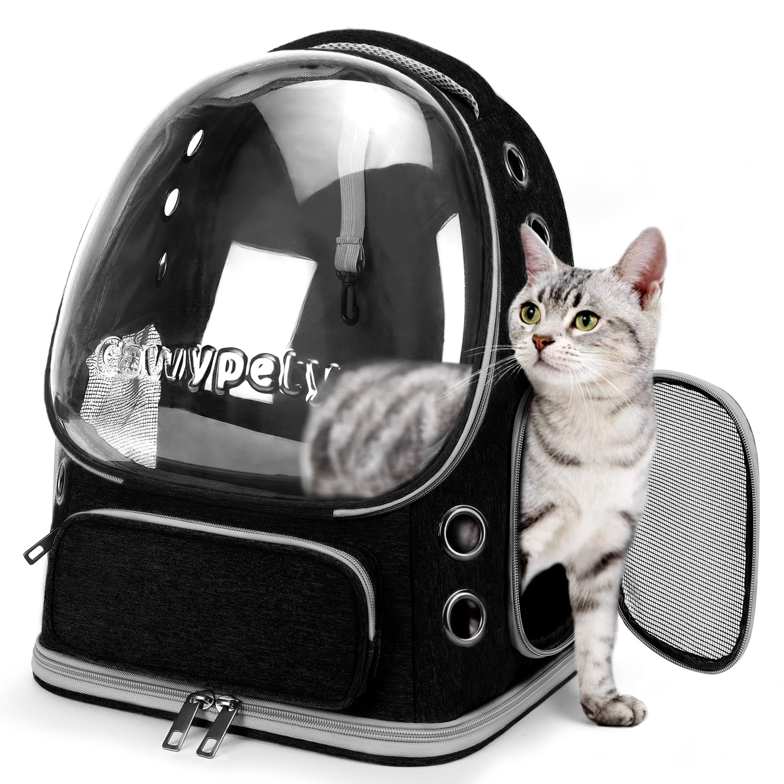 Cawypety Cat Backpack Carrier, Breathable Cat Carrier Large Space Bubble Pet Backpack for Kitty Small Dog up to 12lbs, Transparent & Foldable Pet Carrier for Travel Hiking (Black