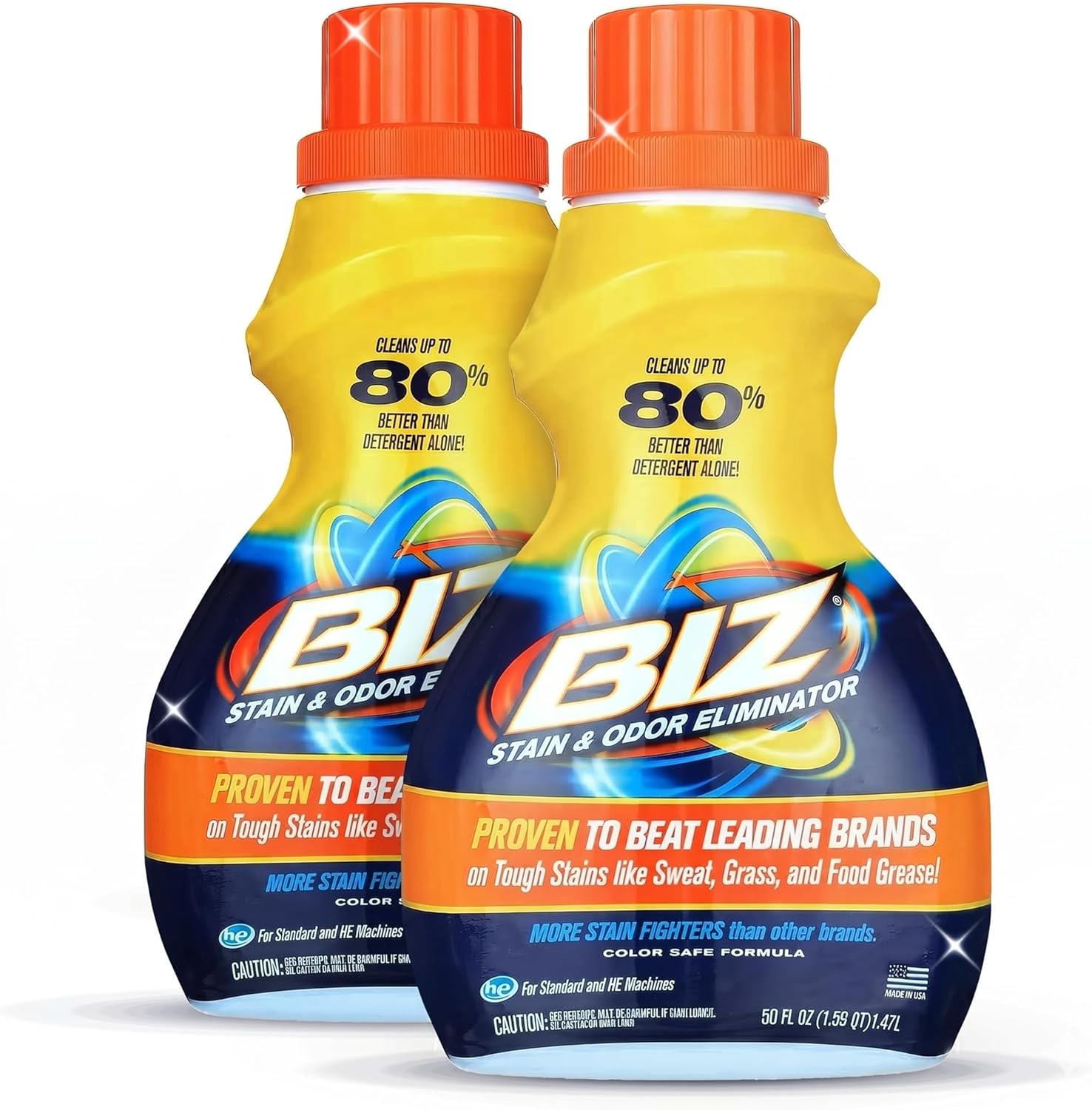 Biz Laundry Detergent Liquid Booster, Stain and Odor Eliminator for Tough Stains Like Sweat Grass and Food Grease, Best Stain Remover for Clothes, Color Safe, Bleach Free, 2 Pack, 100 fl oz Total