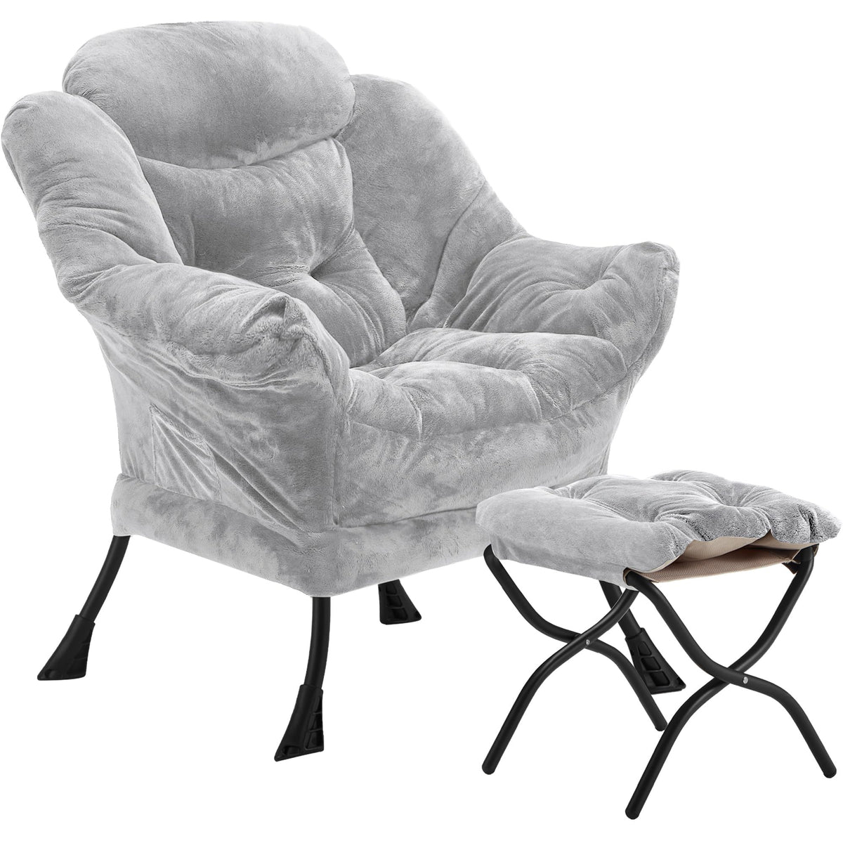 Youtanic Lazy Chair with Folding Ottoman, Accent Chair Velvet Upholstered with Metal Structure and Non-Slip Pads, Sofa Armchair with Footrest and Side Storage Bag for Dorm, Room, Office, Beige