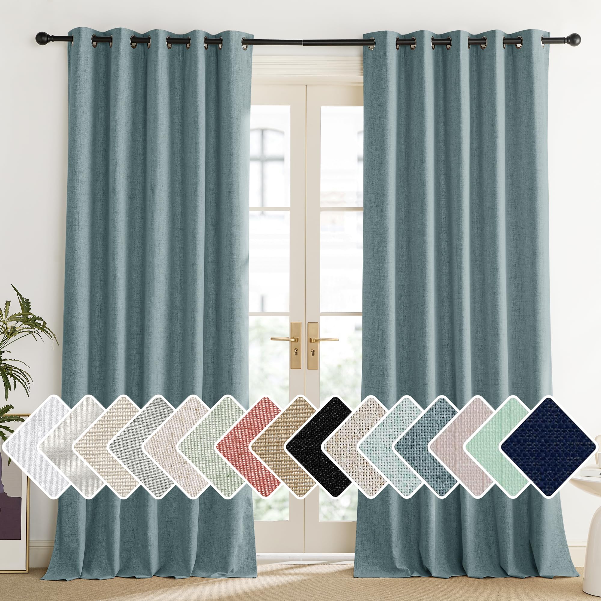 NICETOWN Linen Blackout Curtains for Kitchen, Beige, 2 Panels, 34" Wide x 48" Long, Short Kitchen Burlap Linen 100% Blackout Drape Panels for Night Shift, Great Job for Blocking Light