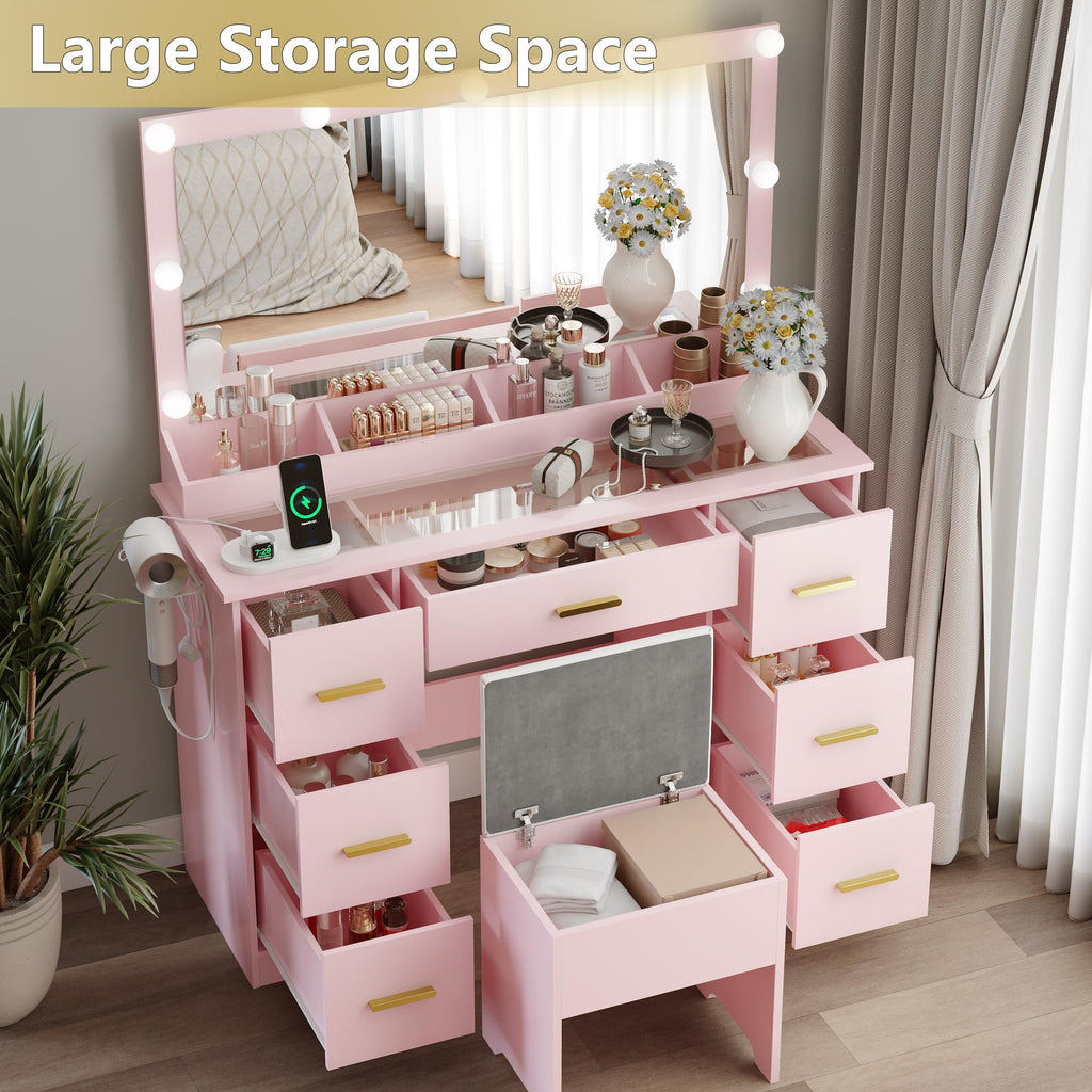 BORNOON 45” Fluted Makeup Vanity Desk with Mirror and Lights, Glass Top Dressing Table with 5 Drawers, LED Lighted Adjustable Cabinet, Trays & Charging Station for Bedroom Dressing Room