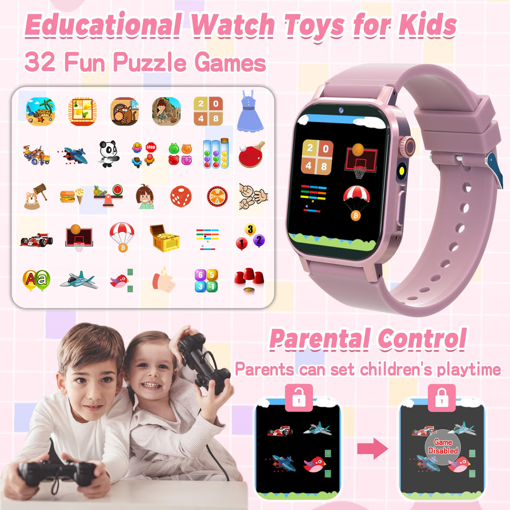 Kids Smart Watch Boys, Kids Game Smart Watch with 32 Games HD Touch Screen Video Camera Music Player Audiobooks Pedometer Flashlight Alarm Clock 12/24 hr, Toys Gift for 3-12 Years Old Boys Girls