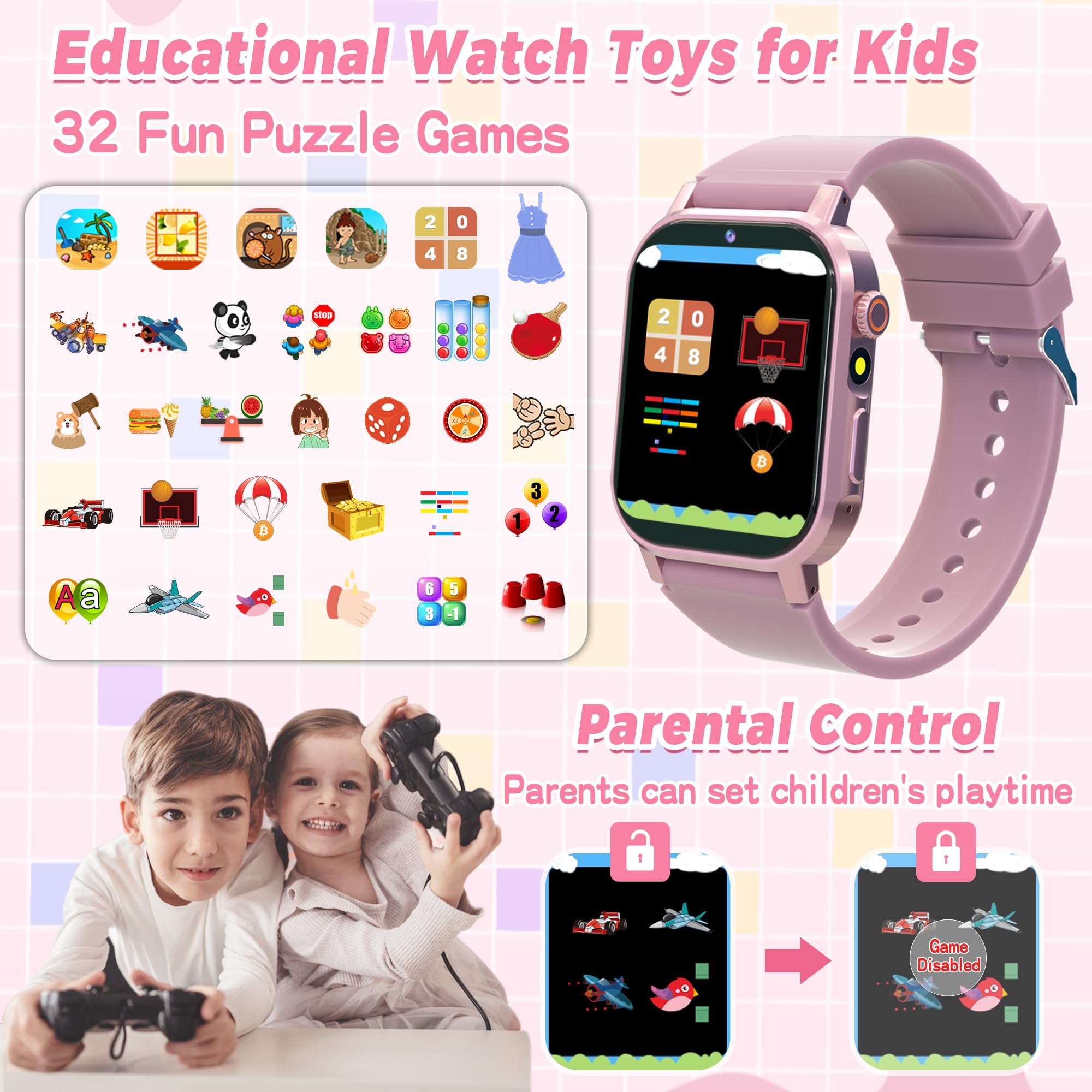 Kids Smart Watch Boys, Kids Game Smart Watch with 32 Games HD Touch Screen Video Camera Music Player Audiobooks Pedometer Flashlight Alarm Clock 12/24 hr, Toys Gift for 3-12 Years Old Boys Girls