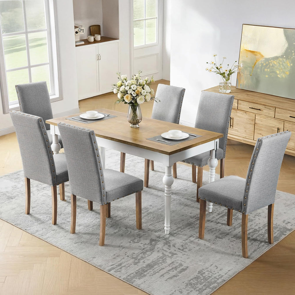 Upholstered Dining Chair Modern Stylish Parsons Kitchen Diner High Back with Bronze Nailhead Trim & Wood Legs, Set of 2, Grey