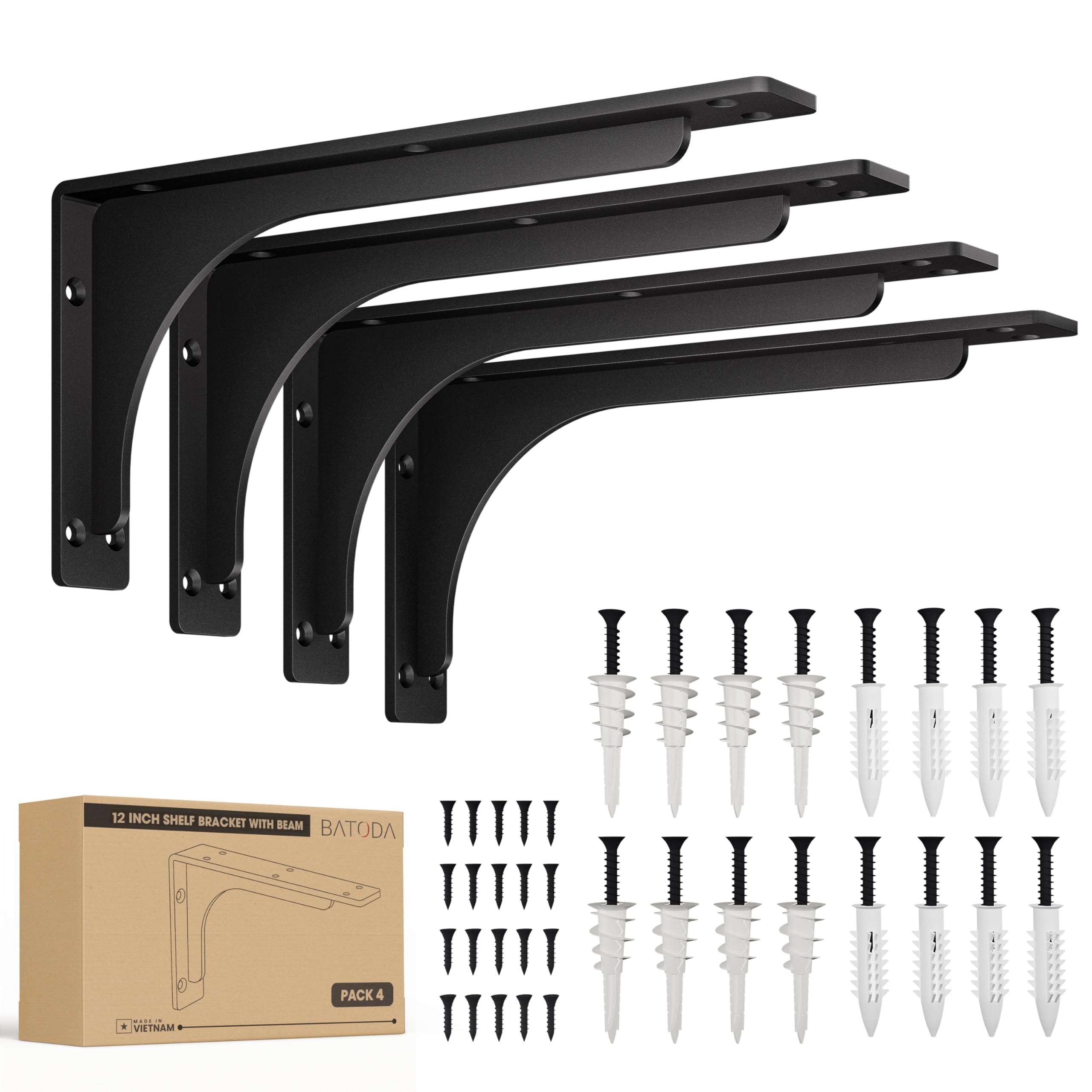 BATODA 8" x 5" L Bracket with Beam - Shelf Brackets Black 300 Lbs Capacity - Heavy Duty Shelving Brackets for Floating Shelves - Wall Mounted Support for DIY – Mounting Hardware Included (Pack 4)