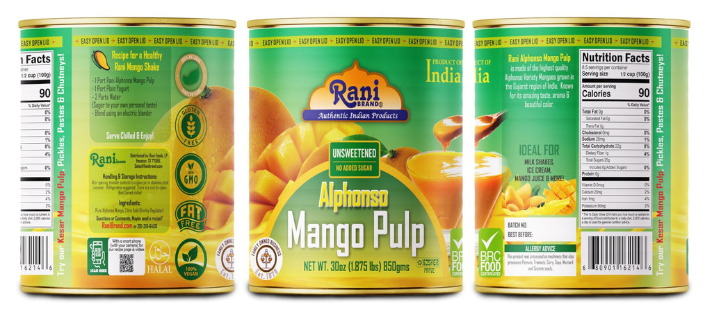 Rani Mango Pulp Puree (Makes Mango Lassi Shakes) Alphonso Sweetened 30oz (1.875lbs) 850g ~ Kosher | All Natural | NON-GMO | Vegan | No colors | Gluten Friendly | Indian Origin